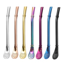 uxcell Stainless Steel Spoon Straws, 7Pcs 6.1" Reusable Metal Long Handle Straw Spoon with Filter Drinking Straws for Milkshake Drinks Cocktail, Multi Color