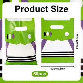 50pcs Cartoon Story Gift Bags, 9.84x6.69in Cartoon Theme Goodie Bags with Special Patterns for Theme Birthday Decorations Party Supplies(Purple, White, Green)