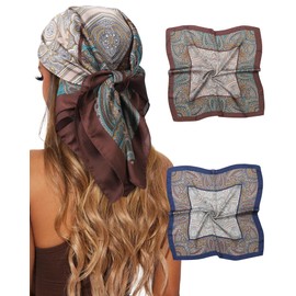 CHLINS 2 Pcs 27.5” Head Scarf for Women Satin Hair Scarf Silk Scarf Neck Scarf Square Hair Bandanas Hair Wraps (Coffee+Navy Blue)