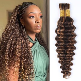 Deep Wave Human Braiding Hair for Boho Braids Highligth #430 Bulk Human Hair for Braiding Brazilian Curly Human Hair Braiding No Weft Bundle for Women 40 cm 16 Inches