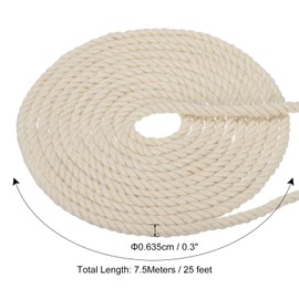 PATIKIL 1/4 Inch x 25ft Natural Twisted Cotton Rope 3 Strand Strong Thick Cotton Rope Tug of War Rope for Railings Crafts Home Decor, White