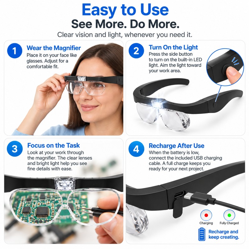 Rechargeable LED Magnifying Glasses for Detail Work – 1.5X–5X Interchangeable