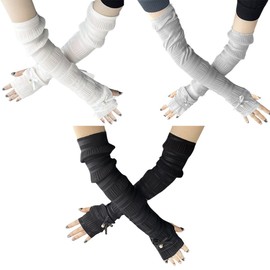 SamHeng 3 Pairs UV Sun Protection Arm Warmers for Women, Ice Silk Cooling Arm Sleeves for Driving, Cycling, Pearl Long Gloves with Thumb Hole for Running Outdoor Sports, Black/White/Grey