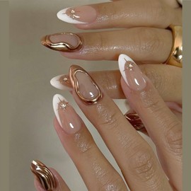 24Pcs Almond Press on Nails – White French Tip Nude Fake Nails with 3D Gold Swirl & Rhinestone Design – Full Cover Stick on for Women