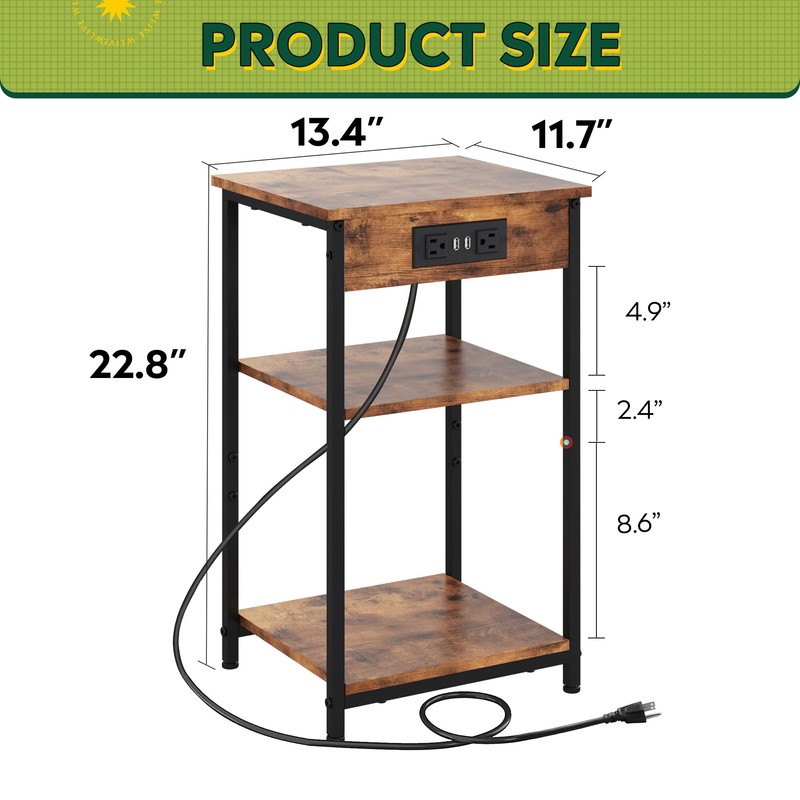 WLIVE End Table with Charging Station, Small Night Stand with