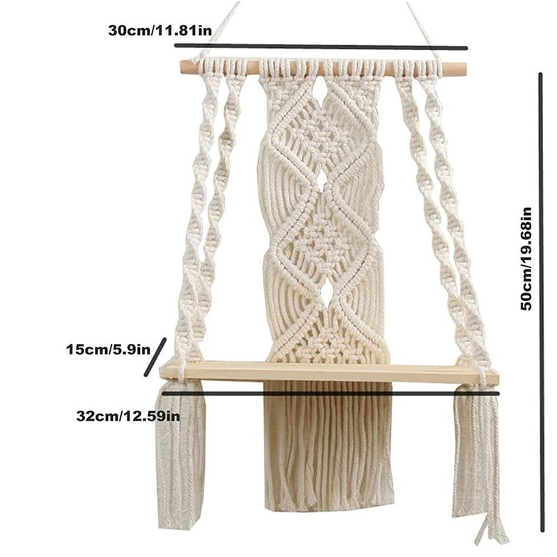 Macrame Wall Hanging Plant Decor Shelf Indoor Outdoor Floating Wood