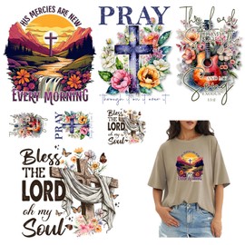 7 Sheets Jesus Iron on Transfer Patches for T-Shirt Hoodies Christ Jesus Stickers Cross God Flower Butterfly Design Washable Heat Transfer Vinyl Decals DIY Decorations Applique