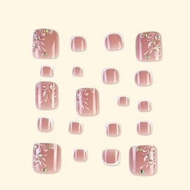 24Pcs Nude Press on Toenails Flower Fake Toe Nails Short Square False Toenail Gel French Tips Toenails Full Cover Acrylic Summer Toe Nail Press ons with Rhinestone Designs Stick Glue on Toe Nails Kit