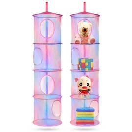 2Pcs Stuffed Animal Storage Foldable Stuffed Animal Net or Hammock Organizer, 4 Compartments Hanging Mesh Toy Storage Hammock for Kid Room Toys, Gloves, Hats, Socks,Rainbow
