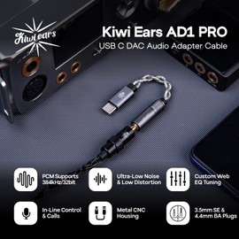 Linsoul Kiwi Ears AD1 Pro USB C DAC Adapter Cable, Custom DAC Chip