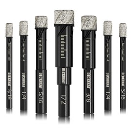 7 Piece Diamond Drill Bits Set, Core Drill Bits for Hard Materials - Tiles Ceramics Glass Stones – Built in Coolant, Fast Dry Drilling - Sizes 3/16" 1/4" 5/16" 3/8" 1/2" - Round Shank, Storage Case