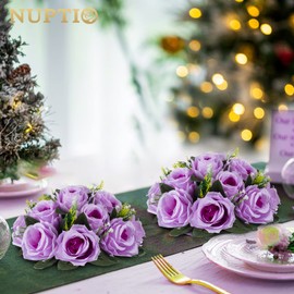NUPTIO Artificial Flower Centrepieces for Tables - 2 Pcs Lilac Fake Flowers Roses Balls 9.5in Diameter - Silk Faux Rose Arrangement for Wedding Party Centerpiece Table Decor