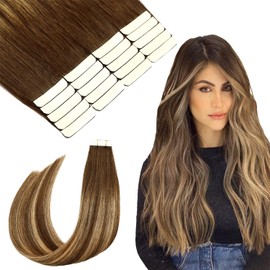 SURNEL Tape-In Real Hair Extensions, 20 Inches, Brown Balayage Colour 4-27-4 Medium Brown Fading to Honey Blonde and Medium Brown, Thick End Tape Hair Extensions, 20 Pieces, 50 g (Tape #4/27/4-50 cm)