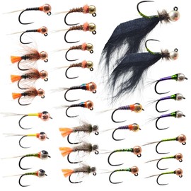 The Fly Crate | 30 Barbless Euro Czech Nymphing Trout Fly Fishing Flies | European Nymph Fly Assortment with Tungsten Beads | Jigs, Perdigons, Leeches, and Barbless Nymphs