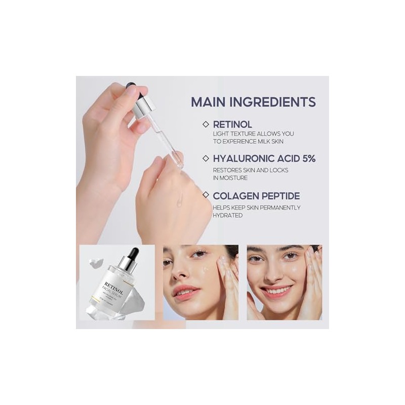 Sérum Facial con Retinol, Vitamina C y Ácido Hialurónico, Antiarrugas