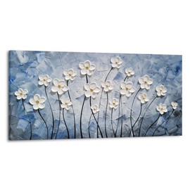 YHSKY ARTS Floral Canvas Wall Art Hand Painted Blue and White Heavy Textured Painting Modern Abstract Flower Pictures Contemporary Artwork for Living Room Bedroom Office Decoration