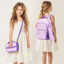 mygreen 3PCS Kids Backpack Set - Waterproof Bookbag with Lunch Box for Girls Ages 3-12, Adorable Cartoon Prints for School & Outdoor Use Purple