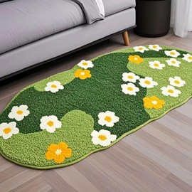 Cute Flower Green 3D Moss Bathroom Rugs Shaggy Tufted Non Slip Machine Washable Bath Mat Moss Runner Carpet for Bathroom Shower Bedroom (C, 1.6ft x 3.9 ft)