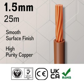 Primes DIY Single Core Conduit Cable 1.5mm Copper Wire Insulated PVC, Stranded Flexible Coil 6491X Electrical Wire, BASEC Approved – Brown Live (25 Meter), Home Improvement