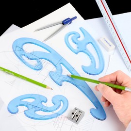STAEDTLER Mars Professional French Curve Design Ruler Set for Pattern Making, 3 Essential A B C Shapes, Blue Transparent Plastic with Inking Edge
