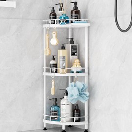SWTYMIKI Corner Shower Caddy Standing - 3 Tier Stainless Steel Shower Organizer Stand with 4 Hooks & Soap Holder, Rustproof Metal Standing Tall Floor Shower Shelf and Bathroom Organizer, White