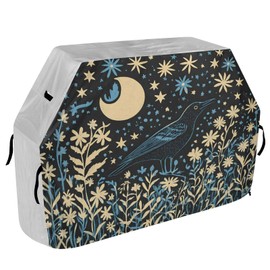 Premium Grill Cover Waterproof Linocut Illustration of A Blackbird Flowers A Moon Barbecue Cover Fade Resistant BBQ Cover Heavy Duty Fits Grill Widths Up to 25 in