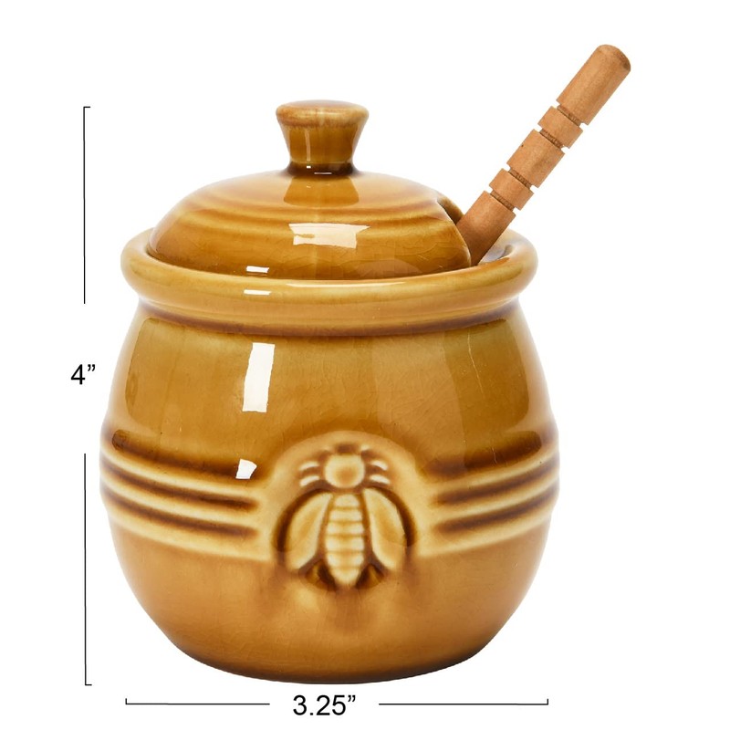 Creative Co-Op Farmhouse Embossed Stoneware Honey Pot with Wood Honey