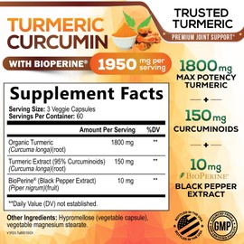 Turmeric Curcumin Supplement 1950mg - 95% Curcuminoids with Organic Turmeric & BioPerine Black Pepper Extract for Best Absorption, Natural Vegan Joint Support, Non-GMO, Bottled in USA - 180 Capsules