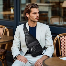 VARLIVOO Herren PU-Leder Brusttasche wasserdichte Schultertasche mit Verstellbarer Schultergurt Leichtes Umhngetasche Sling Rucksack Crossbody Tasche für Pendeln Fahrradfahren Alltag Schwarz B