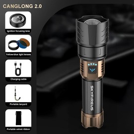 SKYFIRE LED Flashlight – Model 1097, Super Bright Rechargeable Torch with Ignition Lens, Zoomable, 4 Modes, Waterproof Tactical Light for Camping, Outdoor, Home & Gifts:_Black copper1+Yellow-blue light lenses