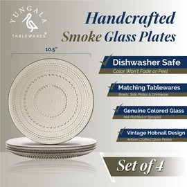 Yungala Smokey Black Vintage Hobnail Glass Plates – Handcrafted Glass Dinner Plates for Elegant Table Settings – Set of 4