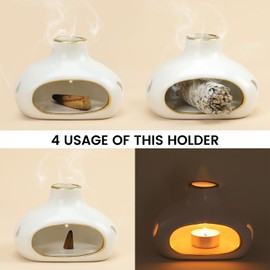 4-in-1 Palo Santo Holder and Sage Holder, Handcrafted Ceramic Palo Santo Burner for Sticks and Sage Bundles, Smudging Bowl for Cleansing, Meditation, Yoga, and Home Décor-White