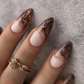 RIICFDD Fall Press on Nails Medium Length Fake Nails Almond False Nails with Coffee Color Gradient Designs Glue on Nails Full Cover Glossy Stick on Nails for Women Artificial Nails 24 Pcs