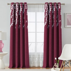 Melodieux Flower Embroidery Linen Blackout Burgundy Curtains for Living Room Bedroom Grommet Window Drape, White Flower, 52 by 96 Inch (1 Panel)