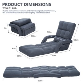 FLOGUOR Adjustable Floor Gaming Chair for Adults with Armrests & Adjustable Footrest, 14-Position Folding Chaise Lounge Sofa for Living Room, Bedroom, Balcony（Gray）