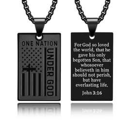 Dog Tag Cross Necklace for Men, USA American Flag Stainless Steel Pendant 24inch Box Chain John 3:16 Black Motto Necklaces Bible Verse Christian Religious Jewelry