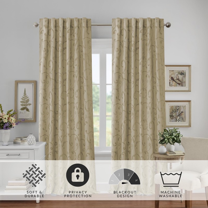 Elrene Home Fashions Mia Jacquard Scroll Blackout Window Curtain, 52"