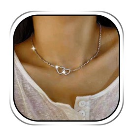 JEAIRTS Rhinestone Choker Necklace Sparkly Heart Chokers Minimalist Love Necklaces Crystal Chain Party Prom Jewelry for Women
