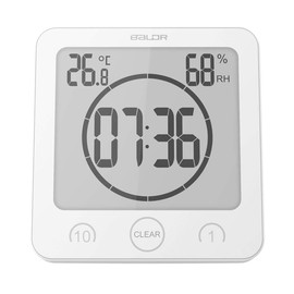 HOPAS Digital Bathroom Shower Wall Clock Timer with Alarm, Waterproof for Water Spray, Touch Screen Timer, Temperature Humidity Display with Suction Cup Hanging Hole (White)