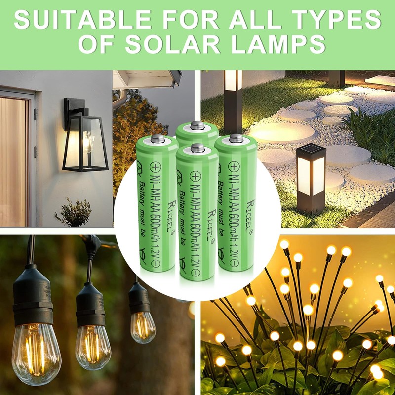 RICEEL Rechargeable AA Batteries for Solar Lights NIMH 600mAh 1.2V