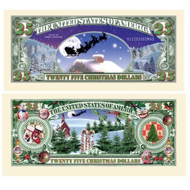American Art Classics Pack of 100 - White Christmas $25.00 Dollar Bill - Collectible Novelty St. Nick Dollar Bills - Best Fun Stocking Stuffer Gift