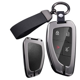 ontto Key Fob Cover Fit for Chevy Equinox 2025 Car Key Case for Silverado 1500 Suburban Tahoe Corvette Colorado Traverse 2021-up,Metal and Leather Key Shell with Clear TPU Front Case,Black