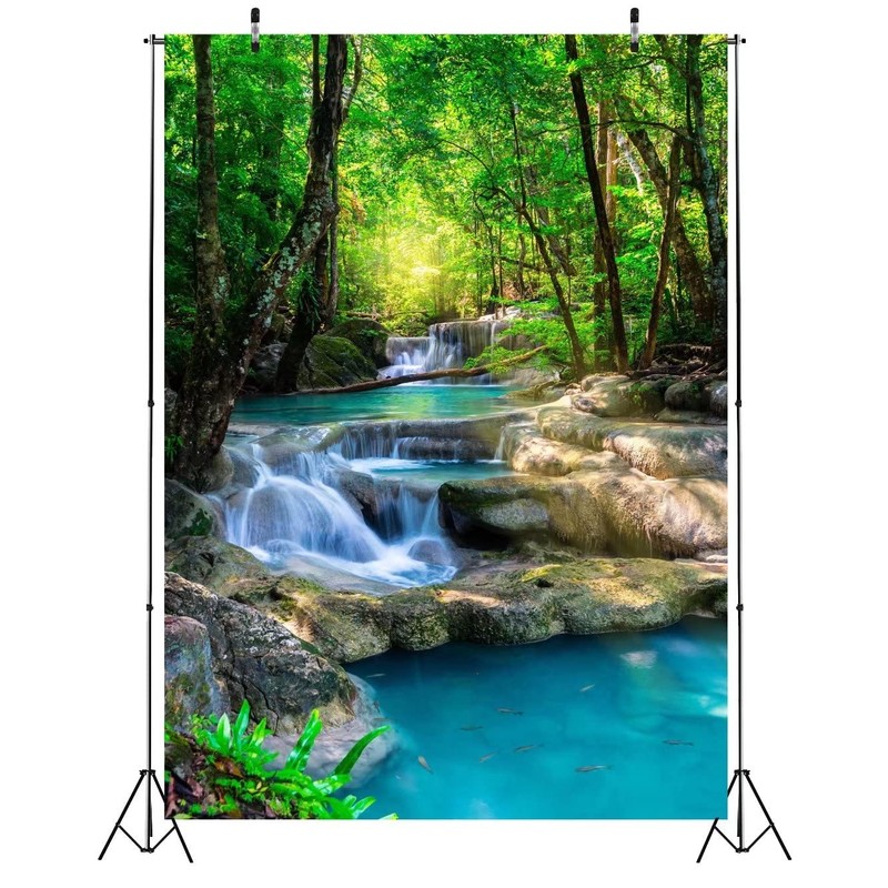 BELECO 5x7ft Fabric Green Forest Backdrop for Photography Small Waterfall