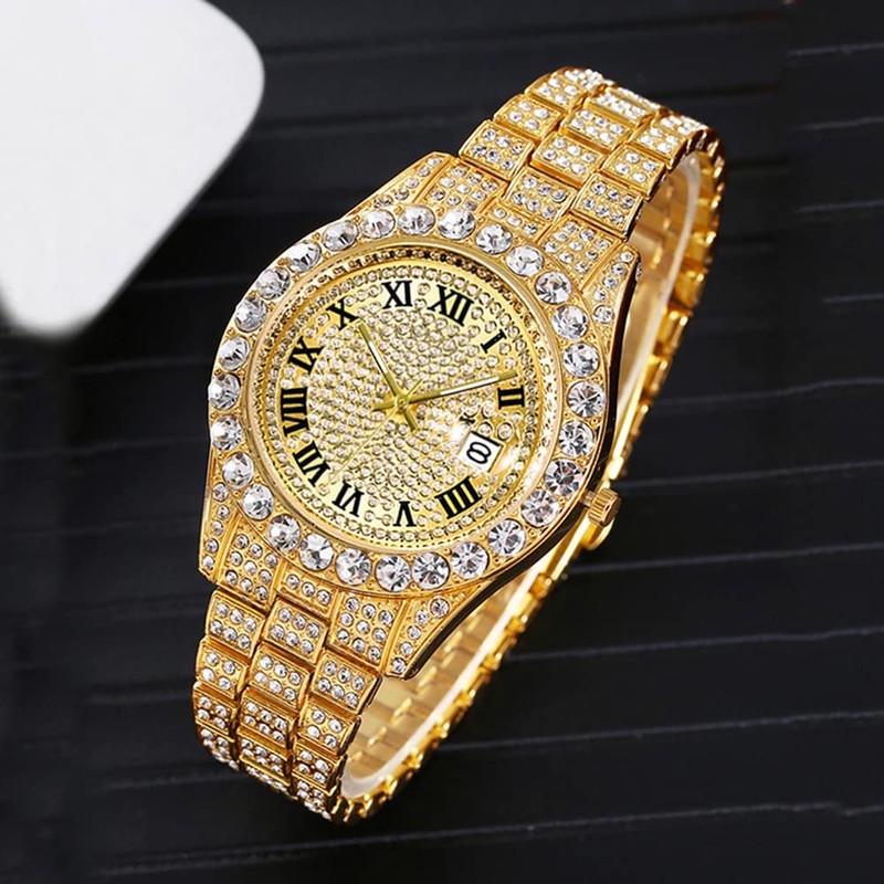 HUNRUY Iced Out Men's Diamond Watch Rhinestone Analog Quartz Watch