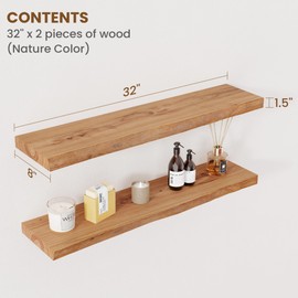 Floating Shelves for Wall Decor, Rustic Solid Elm Wood Live Edge Floating Shelves Wall Mounted, Wall Shelves with Invisible Bracket for Living Room Bathroom Bedroom Kitchen, 32 Inch Set of 2, Natural