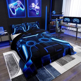 Erosebridal Kids Gamer Comforter Sets Full Size Blue Game Bedding Set for Boys Teens Girls Bedroom Decor Gaming Ombre Comforter Neon Geometric Square Grid Duvet Set 3Pcs,Soft