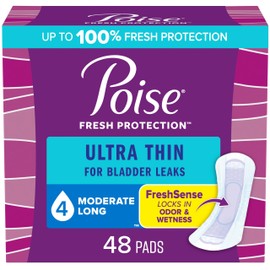 Poise Poise Ultra Thin Incontinence Pads & Postpartum Incontinence Pads, 4 Drop Moderate Absorbency, Long Length, 48 Count, Packaging May Vary
