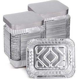 Pack of 100 Aluminium Tin Foil Food Trays with Lids Silver Takeout Container Pans 145 x 120 x 49 mm Takeaway, Sides, Events, BBQ, Parties