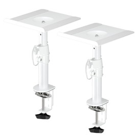 suptek Clamp-on Speaker Stand Desk Mount Set, Height Adjustment, Tilt, Swivel, 9.6 x 8.8 inch Trays, Universal Audio Holders for Computer and Bookshelf Speakers, Elevated Sound, 2 Pack, White, SDM001W