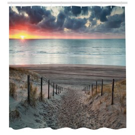 Ambesonne Playa Cortina de Baño, Paisaje de Holanda Mar del Norte, Paño Conjunto de Decoración de Baño de Tela y Ganchos, 70" Alto, Tostado Marrón Azul